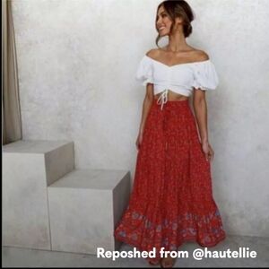 Hautellie Boutique Cotton Maxi Skirt Red Floral Print Ruffle Tier Size Med NWOT